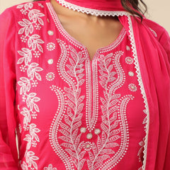Bright Coral Pure Cotton Suit Set with Delicate Thread Embroidery & Mul Dupatta