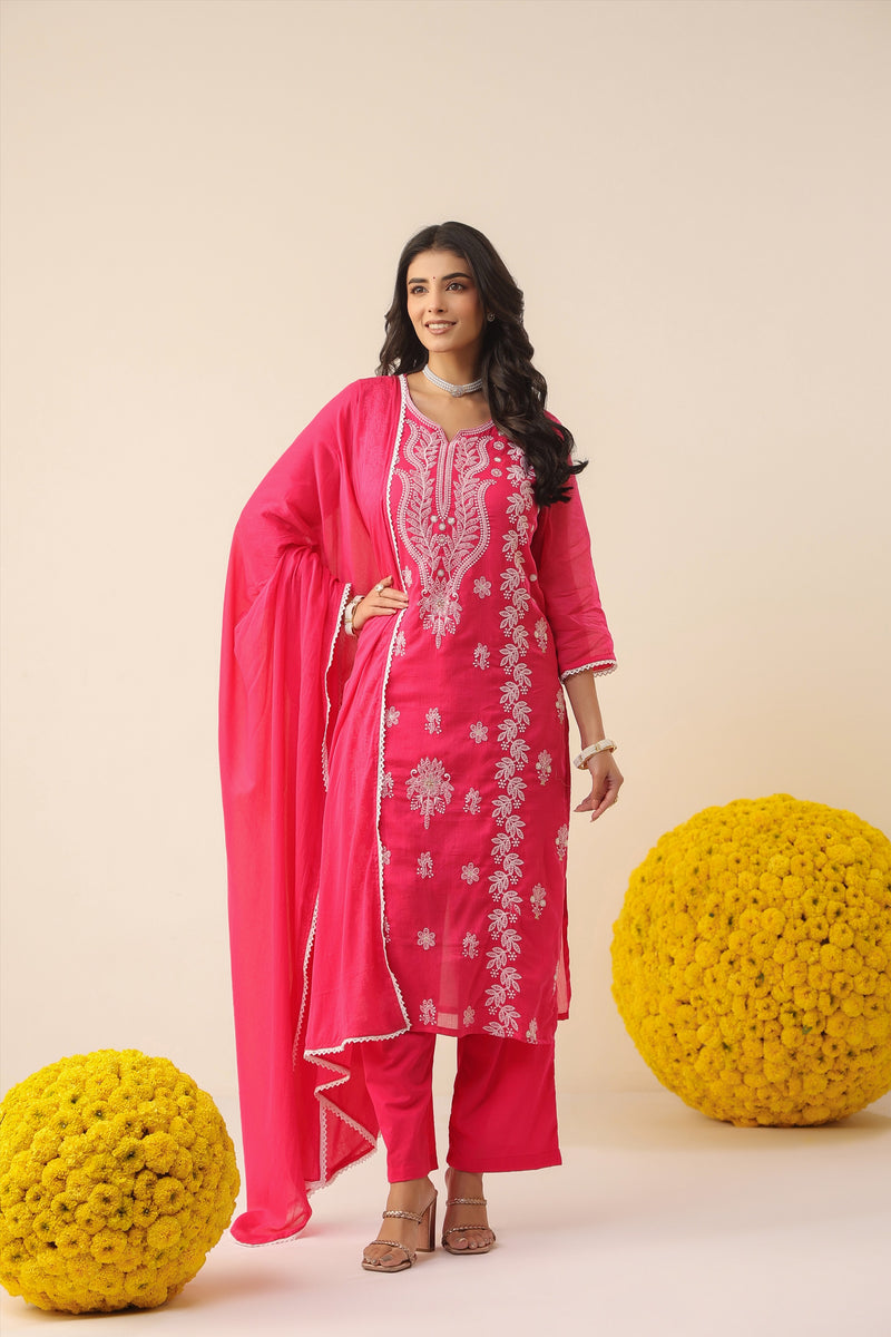 Bright Coral Pure Cotton Suit Set with Delicate Thread Embroidery & Mul Dupatta
