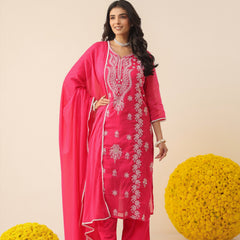 Bright Coral Pure Cotton Suit Set with Delicate Thread Embroidery & Mul Dupatta