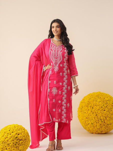 Bright Coral Pure Cotton Suit Set with Delicate Thread Embroidery & Mul Dupatta
