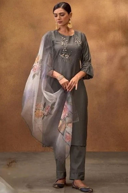 Stitched Silk Suit (grey): Hand Embroidered Kurta, Embroidered Pants & Floral Dupatta