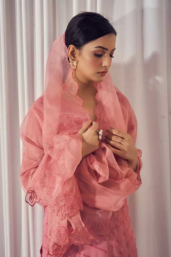 Tone-on-Tone Elegance: Soft Embroidered Organza Kurta with Resham Embroidery