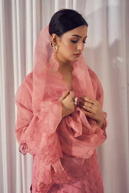 Tone-on-Tone Elegance: Soft Embroidered Organza Kurta with Resham Embroidery