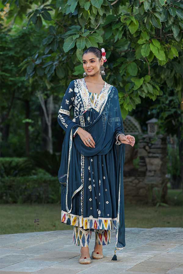 Royal Blue Modal Anarkali in Alia Cut Paired with Straight Pants and Chiffon Dupatta
