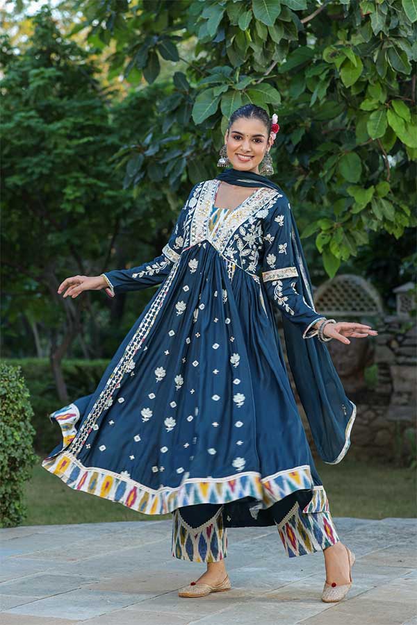 Royal Blue Modal Anarkali in Alia Cut Paired with Straight Pants and Chiffon Dupatta