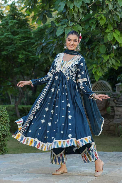 Royal Blue Modal Anarkali in Alia Cut Paired with Straight Pants and Chiffon Dupatta