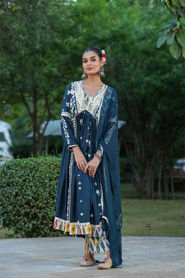 Royal Blue Modal Anarkali in Alia Cut Paired with Straight Pants and Chiffon Dupatta