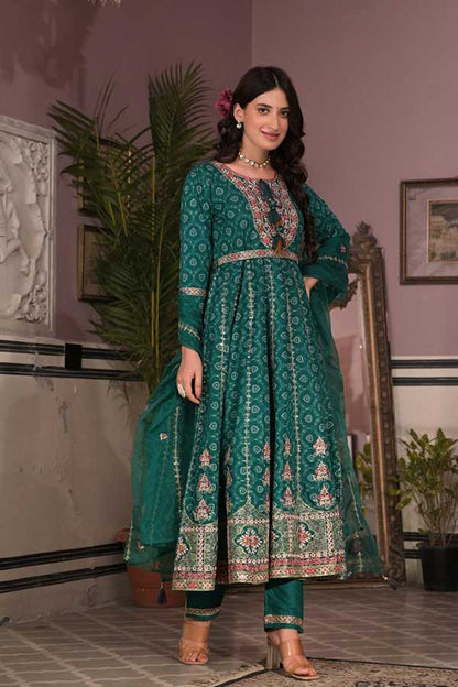 Graceful Green Anarkali Beauty: Rayon Kurta with Intricate Embroidery and Embellished Belt