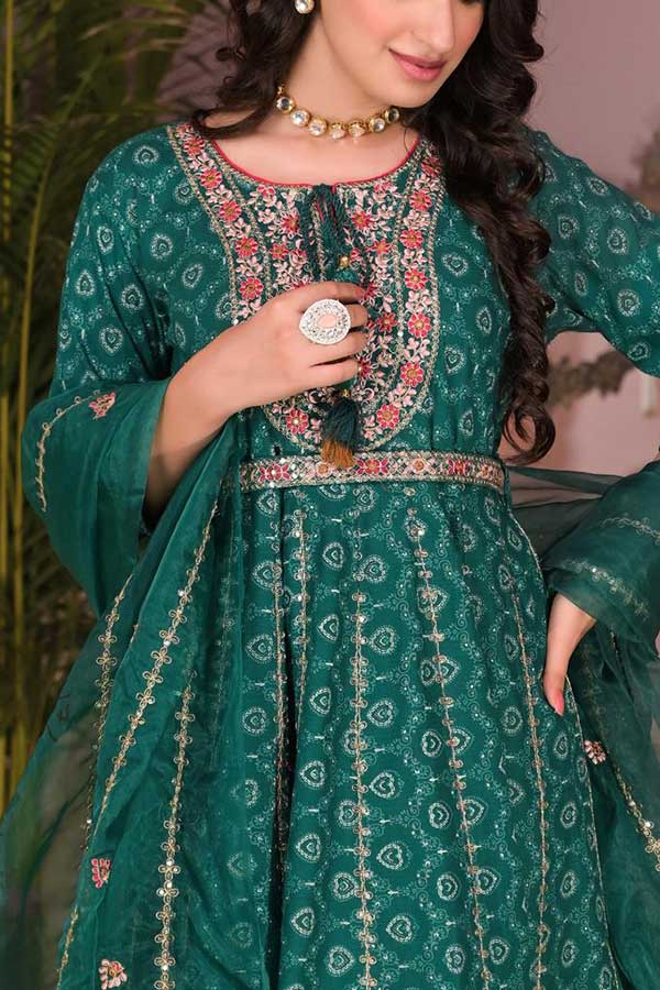 Graceful Green Anarkali Beauty: Rayon Kurta with Intricate Embroidery and Embellished Belt
