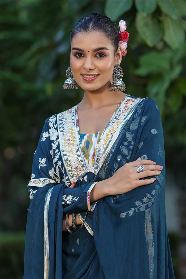 Royal Blue Modal Anarkali in Alia Cut Paired with Straight Pants and Chiffon Dupatta
