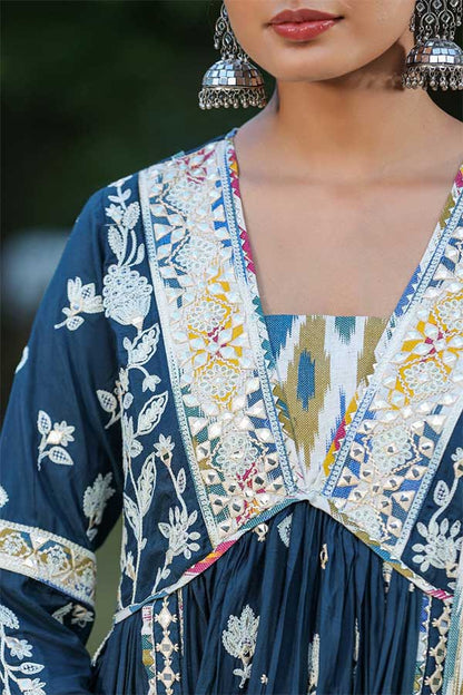 Royal Blue Modal Anarkali in Alia Cut Paired with Straight Pants and Chiffon Dupatta