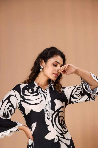 Chic in Black and White: Muslin Coord Set with Bell Sleeves & Lace Accents