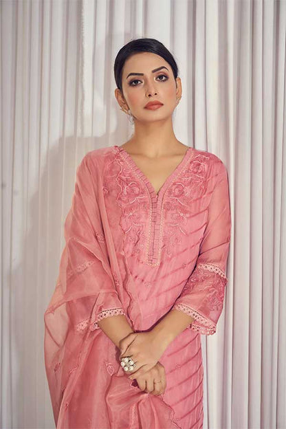 Tone-on-Tone Elegance: Soft Embroidered Organza Kurta with Resham Embroidery