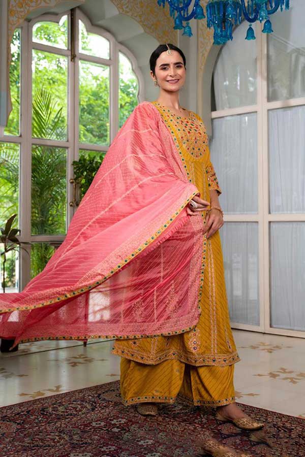 Graceful Rayon Charm: A-Line Festive Kurta with Embroidered Wide Palazo Pants