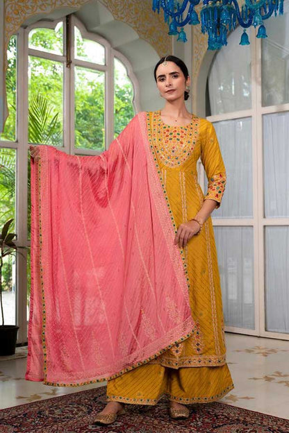 Graceful Rayon Charm: A-Line Festive Kurta with Embroidered Wide Palazo Pants