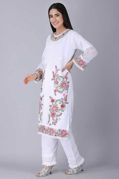 Elevated Pakistani Fashion in white color: Resham Embroidery on Georgette Kurta with Lacework Dupatta
