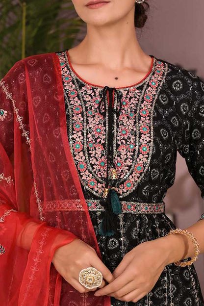 Graceful Black Anarkali Beauty: Rayon Kurta with Intricate Embroidery and Embellished Belt