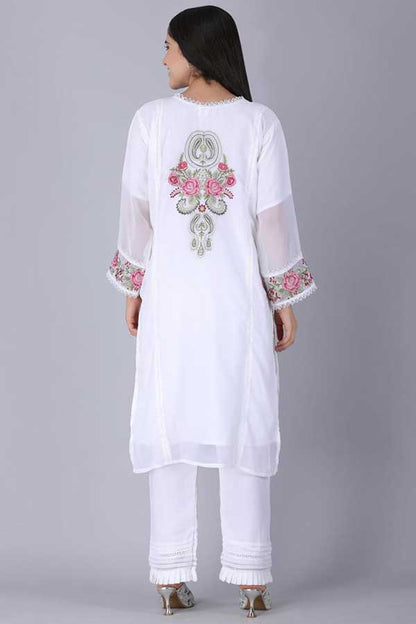 Elevated Pakistani Fashion in white color: Resham Embroidery on Georgette Kurta with Lacework Dupatta