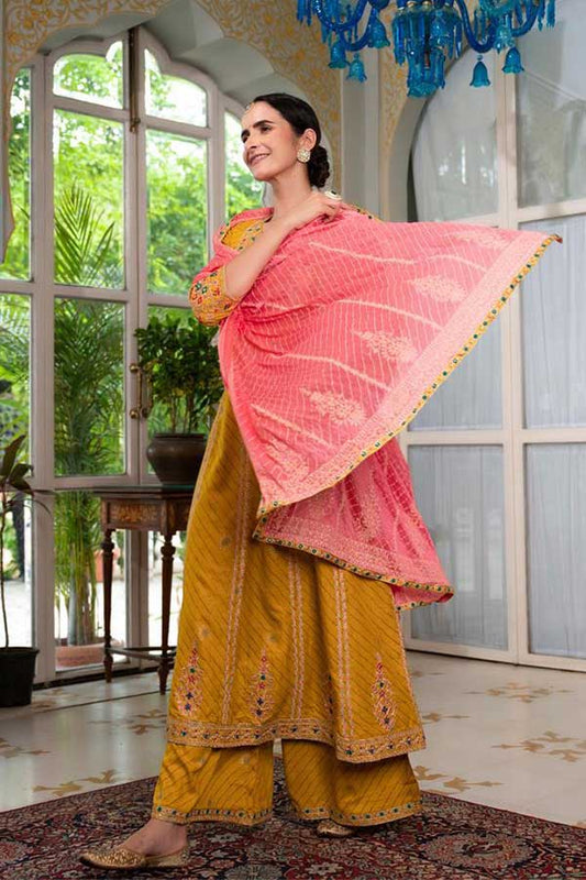 Graceful Rayon Charm: A-Line Festive Kurta with Embroidered Wide Palazo Pants