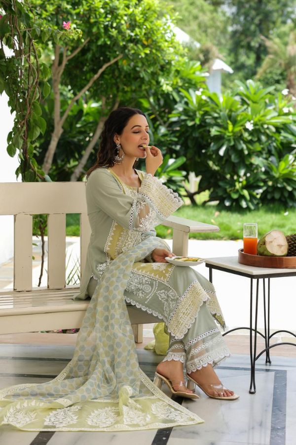 STITCHED COTTON SUIT (SAGE): PANTS & MATCHING TOP