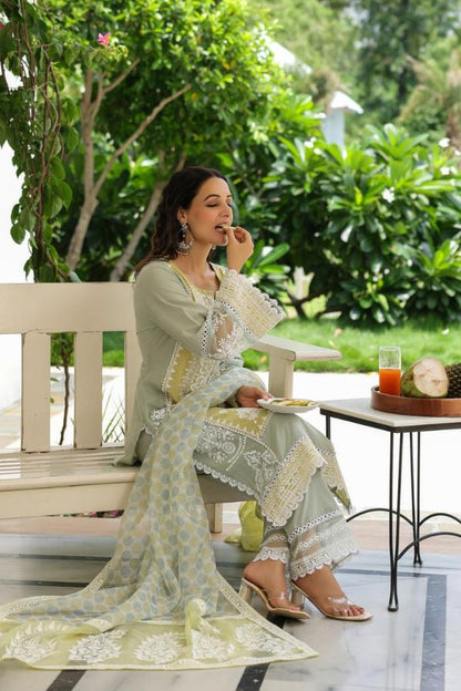 STITCHED COTTON SUIT (SAGE): PANTS & MATCHING TOP