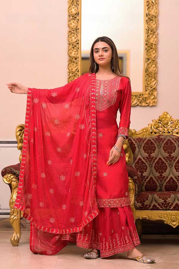 Stylish Simplicity: Embroidered Muslin Kurta with Coordinated Sharara