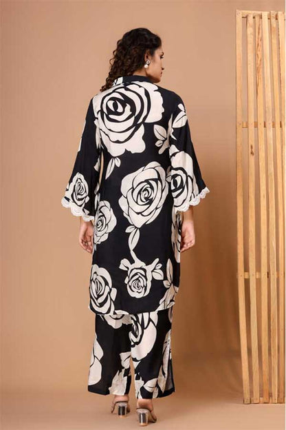 Chic in Black and White: Muslin Coord Set with Bell Sleeves & Lace Accents