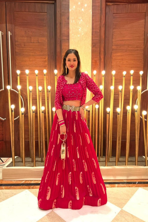 Banarasi Butta Lehenga Ensemble with Mirror Embroidered Blouse & Zari Shrug