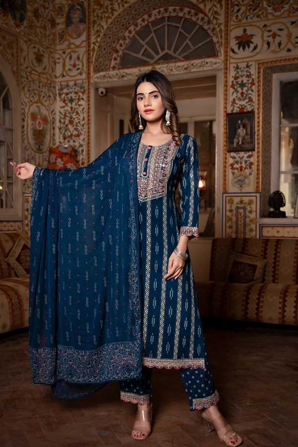 Regal in Blue: Embroidered Rayon Suit with Coordinated Pants and Chiffon Dupatta