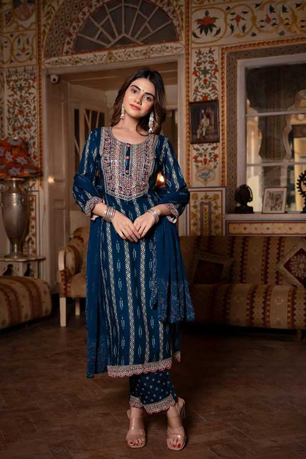 Regal in Blue: Embroidered Rayon Suit with Coordinated Pants and Chiffon Dupatta