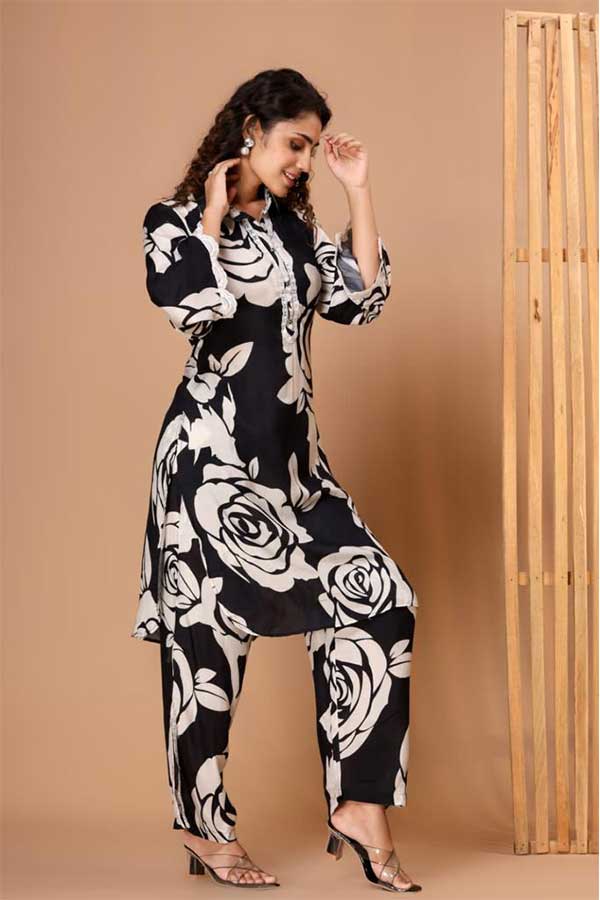 Chic in Black and White: Muslin Coord Set with Bell Sleeves & Lace Accents