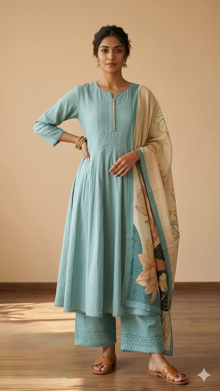 Powder Blue Roman Silk Shoulder Cut Anarkali Set