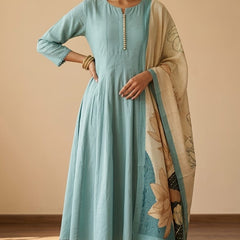 Powder Blue Roman Silk Shoulder Cut Anarkali Set