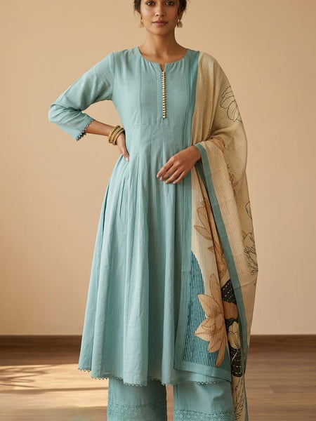 Powder Blue Roman Silk Shoulder Cut Anarkali Set