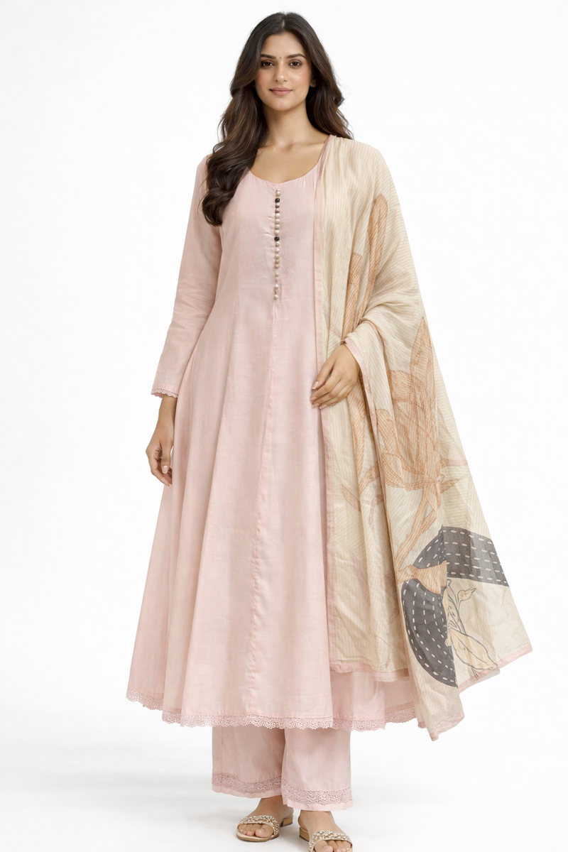 Powder Pink Roman Silk Shoulder Cut Anarkali Set