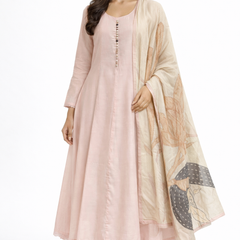 Powder Pink Roman Silk Shoulder Cut Anarkali Set