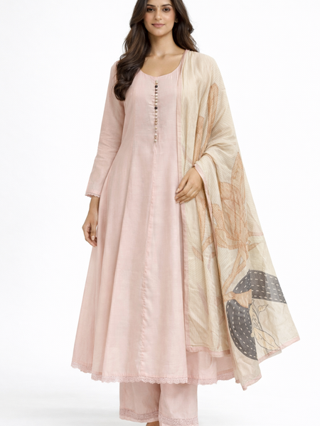 Powder Pink Roman Silk Shoulder Cut Anarkali Set