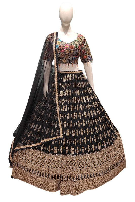 Black Colour Banarasi Butta Lehenga Set with Mirror Work Blouse & Zari Shrug