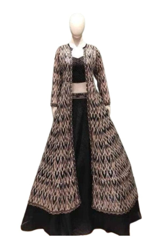 Black Banarasi Butta Lehenga Set with Mirror Work Blouse & Zari Shrug