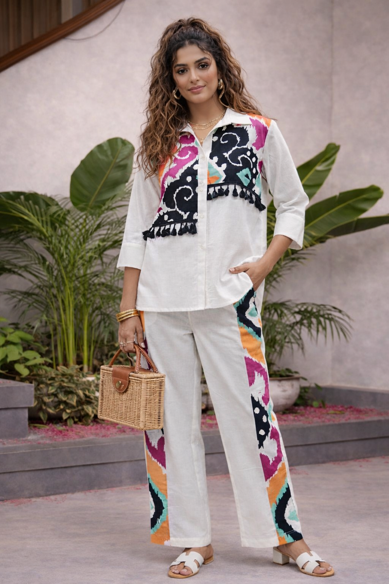 White Pure Cotton Printed Shirt Cord Set