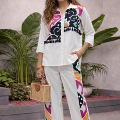 White Pure Cotton Printed Shirt Cord Set