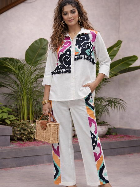 White Pure Cotton Printed Shirt Cord Set