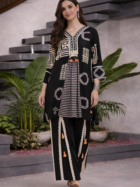 Black German Rayon Box Pleated Look Cord Set