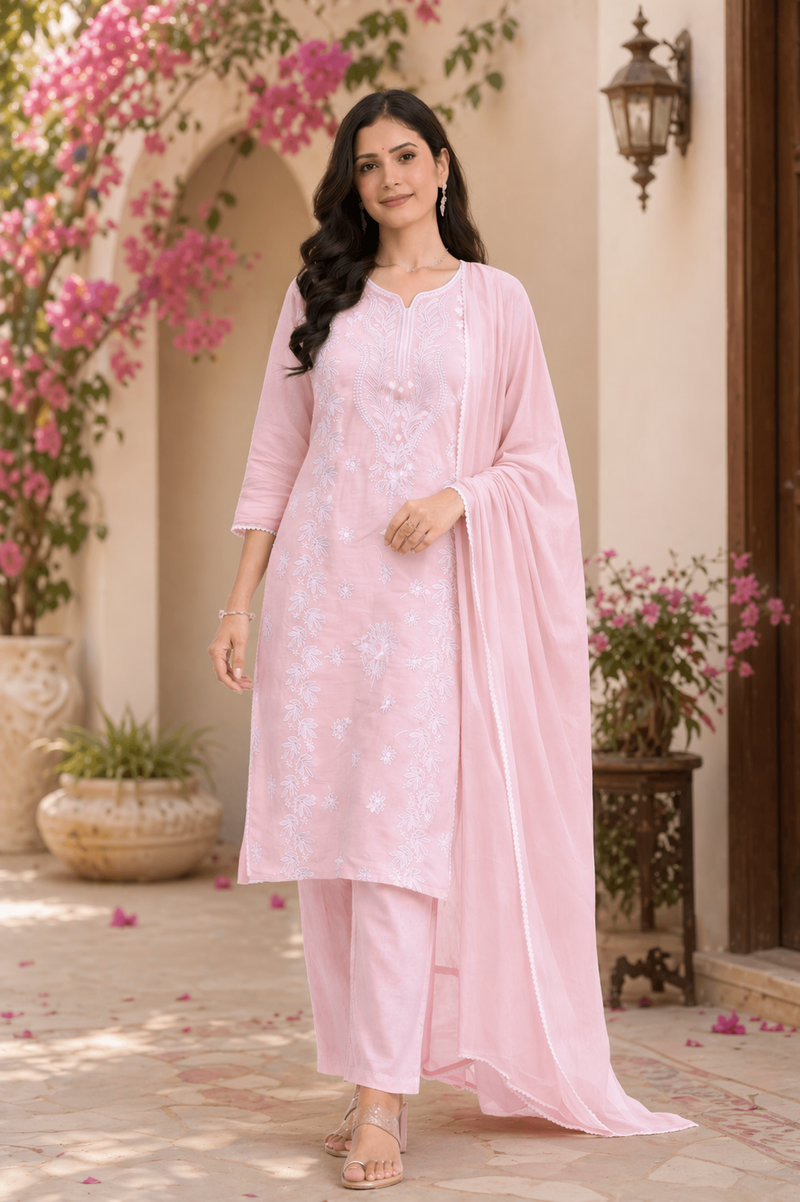 Powder Pink Pure Cotton Suit Set