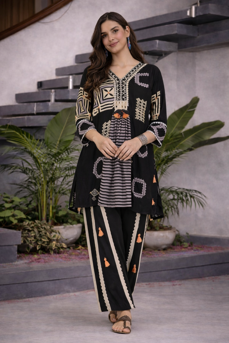 Black German Rayon Box Pleated Look Cord Set