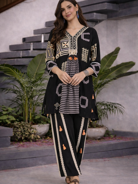 Black German Rayon Box Pleated Look Cord Set