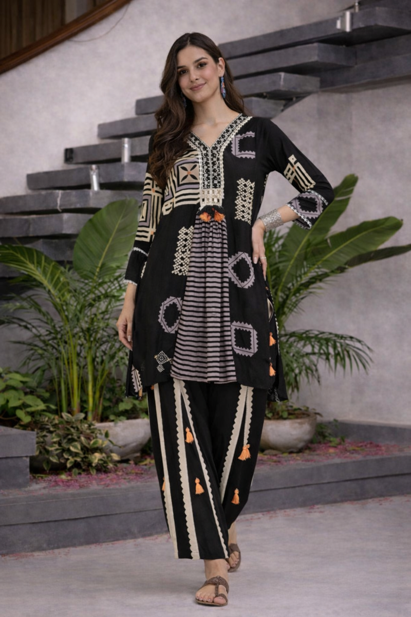 Black German Rayon Box Pleated Look Cord Set