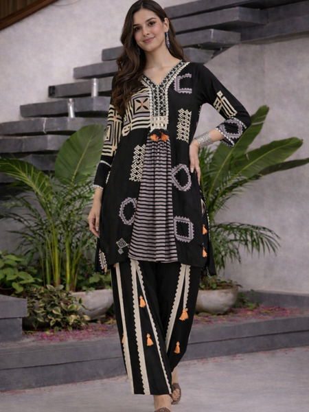 Black German Rayon Box Pleated Look Cord Set