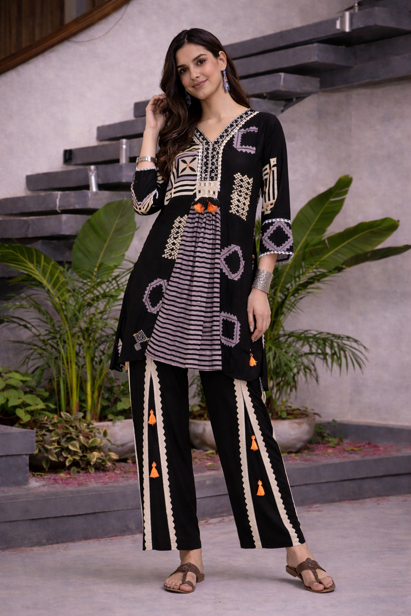 Black German Rayon Box Pleated Look Cord Set