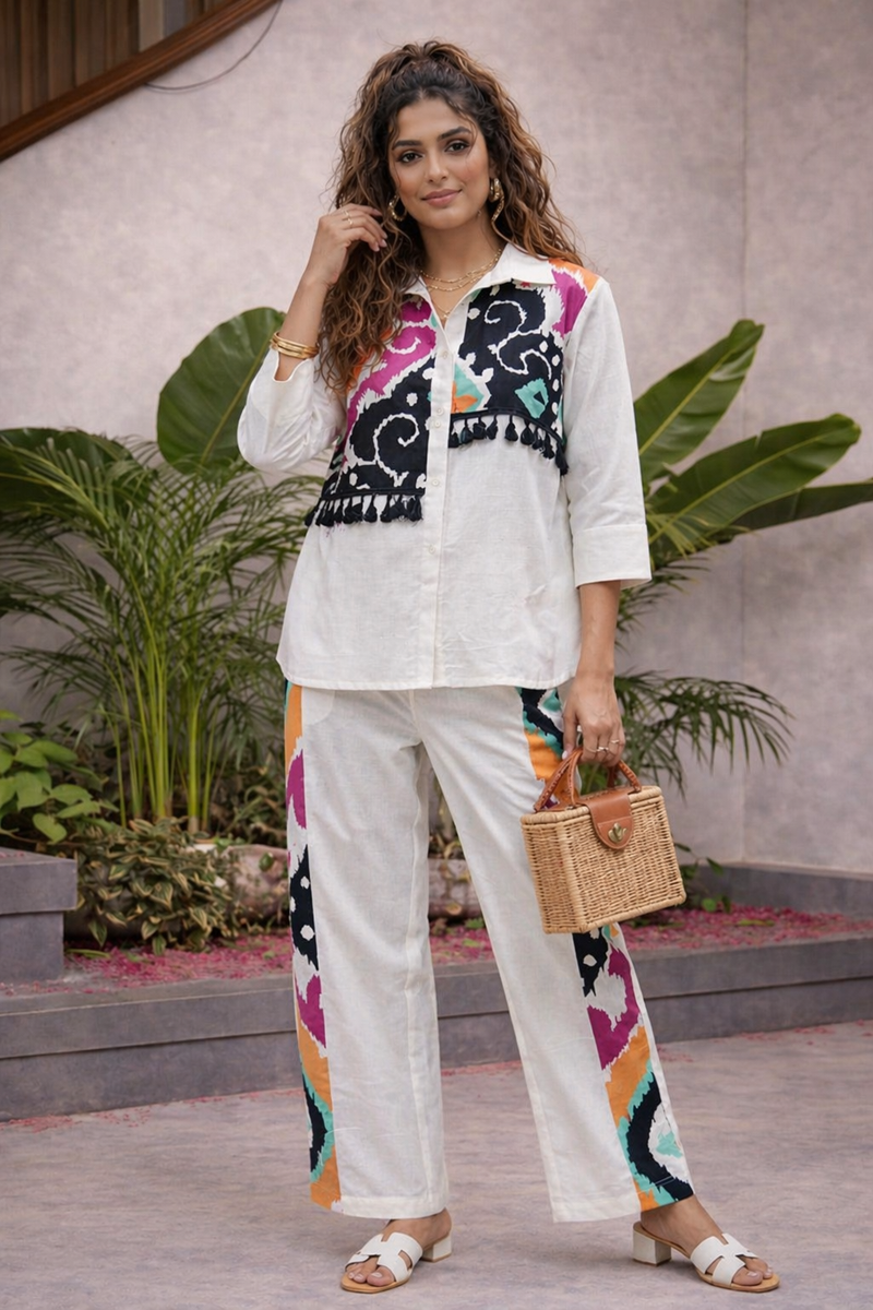 White Pure Cotton Printed Shirt Cord Set